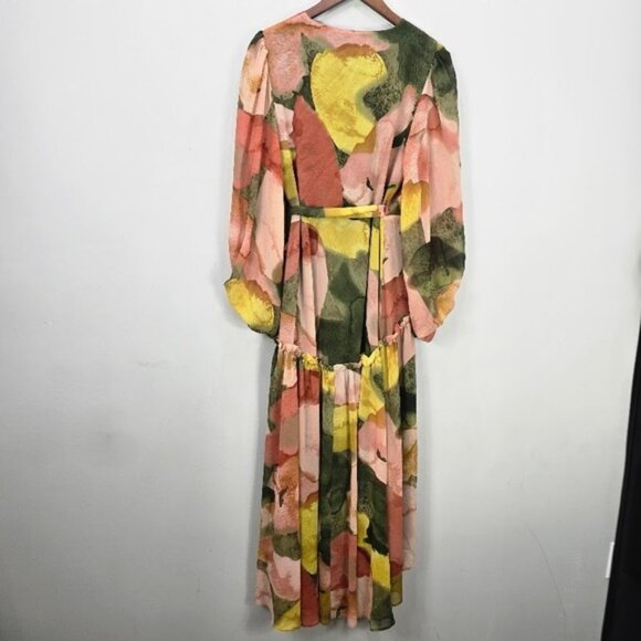 Anthropologie Hutch Geo Maxi Wrap Dress M Multicolor Balloon Sleeve Ruffle Boho - Picture 5 of 12